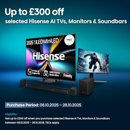 Hisense 55" 55E6QTUK 4K Ultra HD Smart TV AI TV - 4K UHD, Hi-View AI Engine, Precision Colour, AI Smooth Motion, Sports Mode with Freely, Disney +, YouTube, Netflix