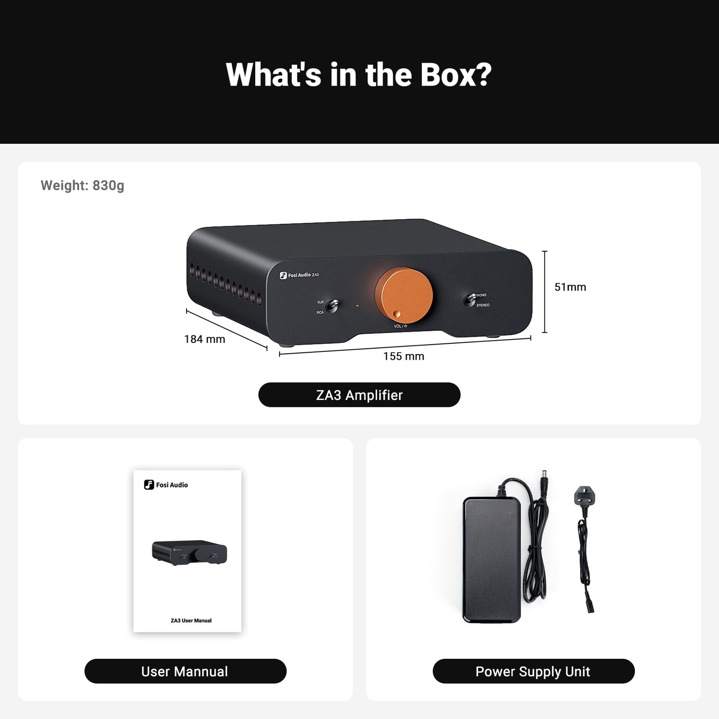 Fosi Audio ZA3 Balanced Stereo/Mono Amplifier HiFi with TPA3255 Chips, Mini Audio Amp Monoblock with XLR RCA Inputs and 12V Trigger-in for Desktop Bookshelf Passive Speakers with 48V5A Power Supply