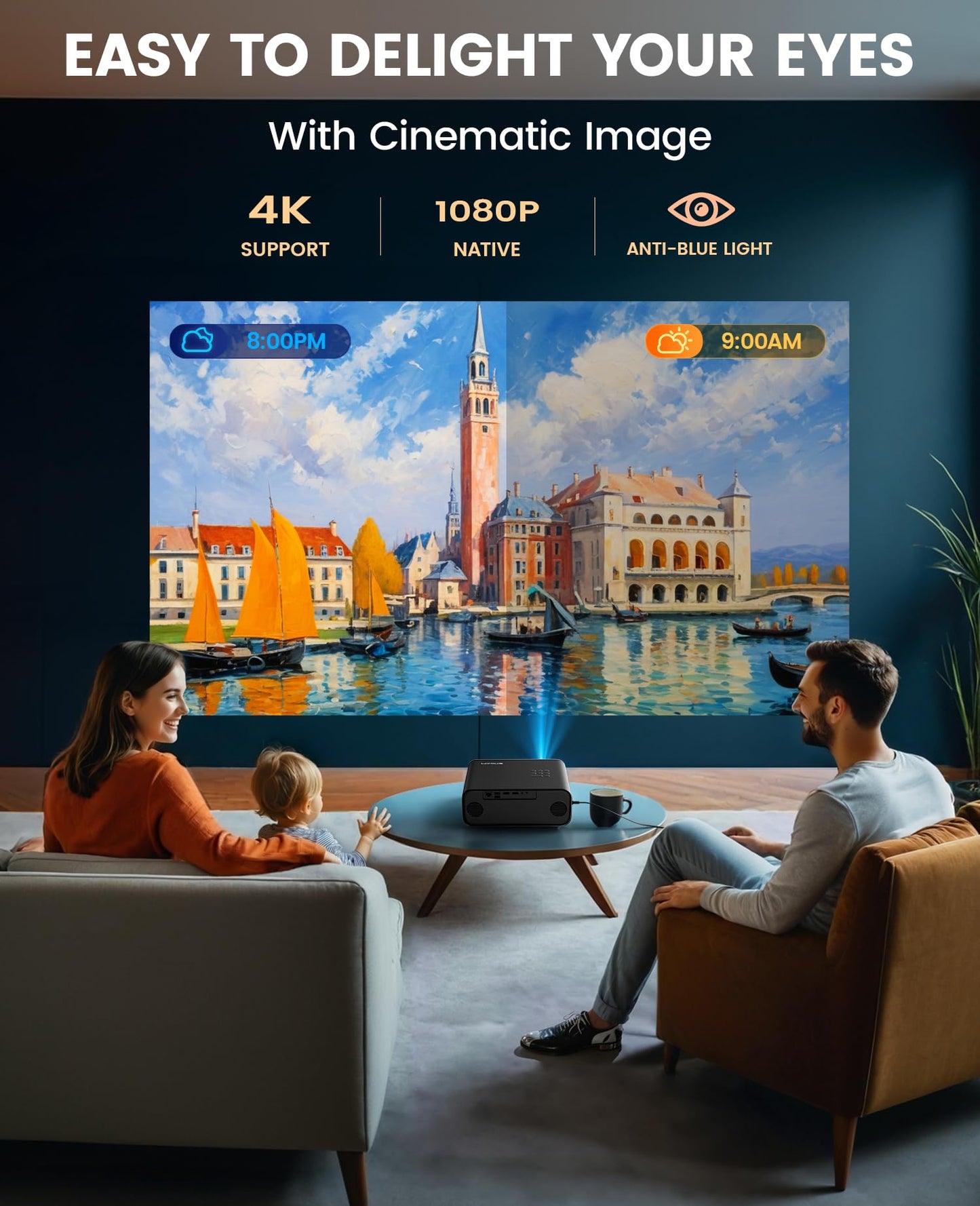 【Auto Focus & Keystone】Projector, 32000 Lumen WiFi 6 Bluetooth Full HD 1080P Portable Projector Supported 4K,4D/4P Keystone 50% Zoom 300" Display Home Cinema Projectors for Smartphone/TV Stick/PPT/PS5