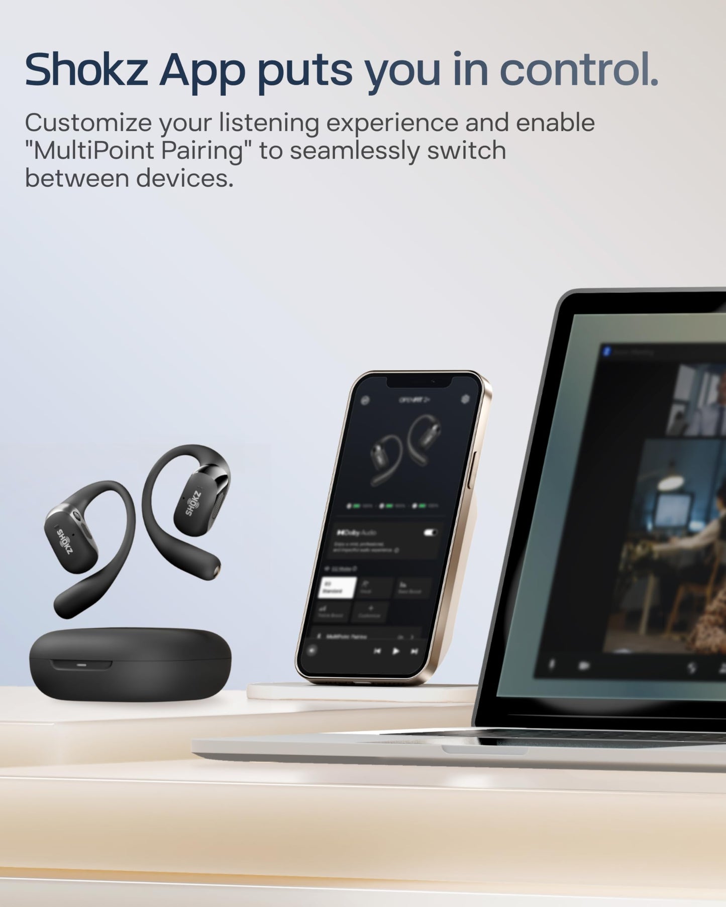 SHOKZ OpenFit 2+ Open-Ear Headphones,Wireless Bluetooth Headset, Dolby Audio Enabled, Comfortable Earbuds with Soft Hooks, 48H Playtime, IP55 Water-Resistant, USB-C & Wireless Fast Charging, Black