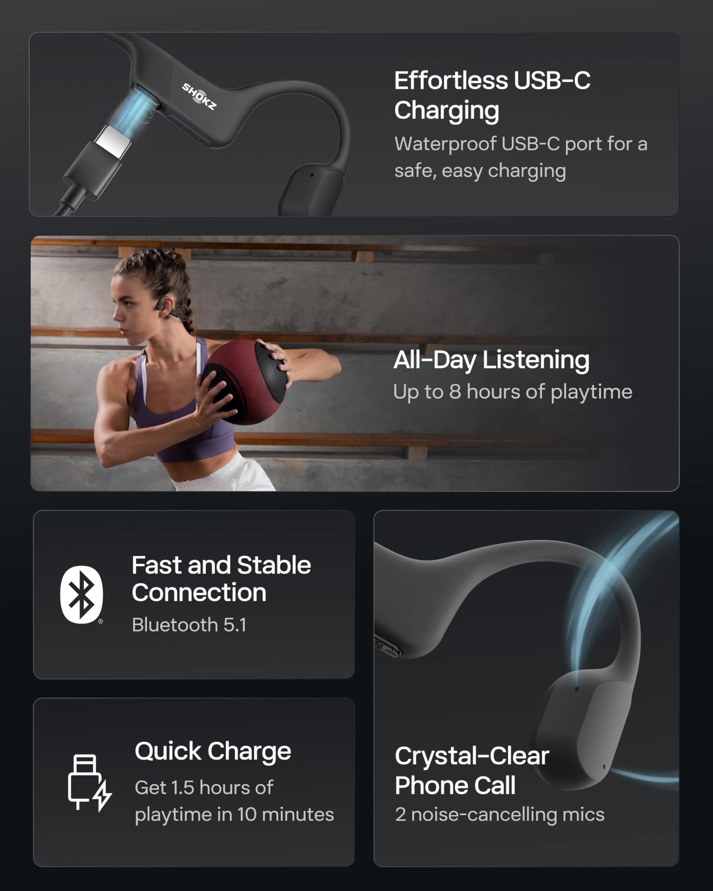 SHOKZ OpenRun Bone Conduction Headphones, Open-Ear Bluetooth Sports Earphones with Mic, IP67 Waterproof Wireless Headset for Running and Workout, 8H Playtime, USB-C - Black, Sport headband