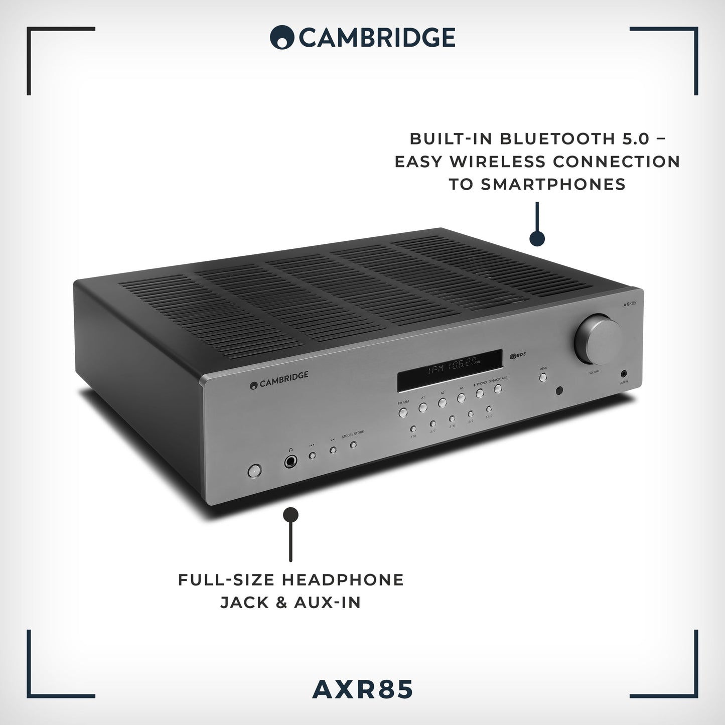 Cambridge Audio AXR85-85 Watt Separate HiFi Stereo Receiver Featuring Built-In Phono Stage FM/AM Radio and Bluetooth 5.0 - Lunar Grey