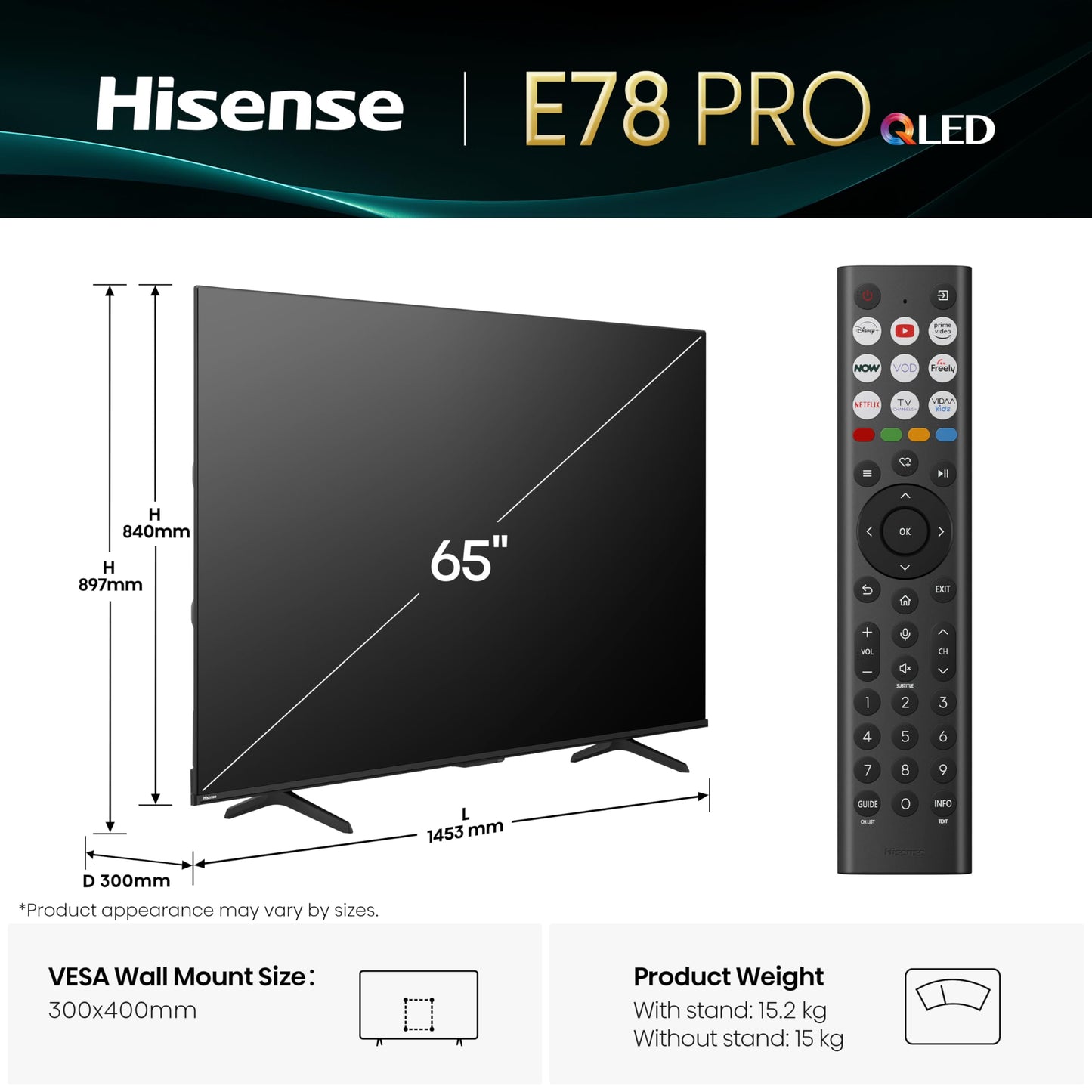 Hisense 65" 65E78QTUK PRO 144Hz QLED Smart AI TV - Hi-View AI Engine, 144Hz Game Mode PRO, Dolby Atmos, Quantum Dot Colour with Freely, Disney +, YouTube, Netflix