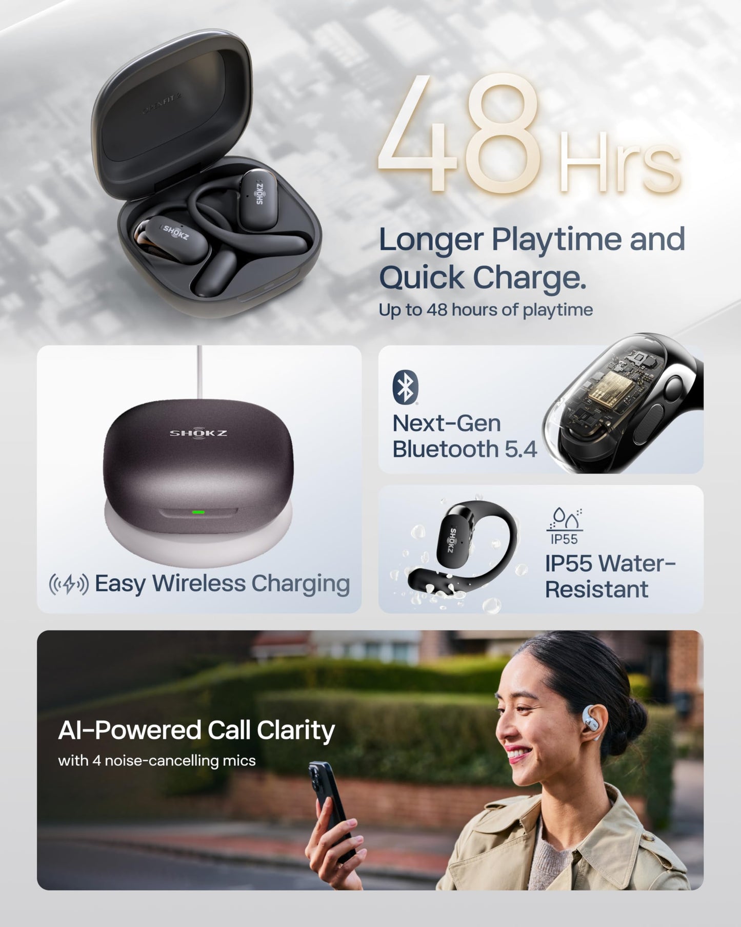 SHOKZ OpenFit 2+ Open-Ear Headphones,Wireless Bluetooth Headset, Dolby Audio Enabled, Comfortable Earbuds with Soft Hooks, 48H Playtime, IP55 Water-Resistant, USB-C & Wireless Fast Charging, Black