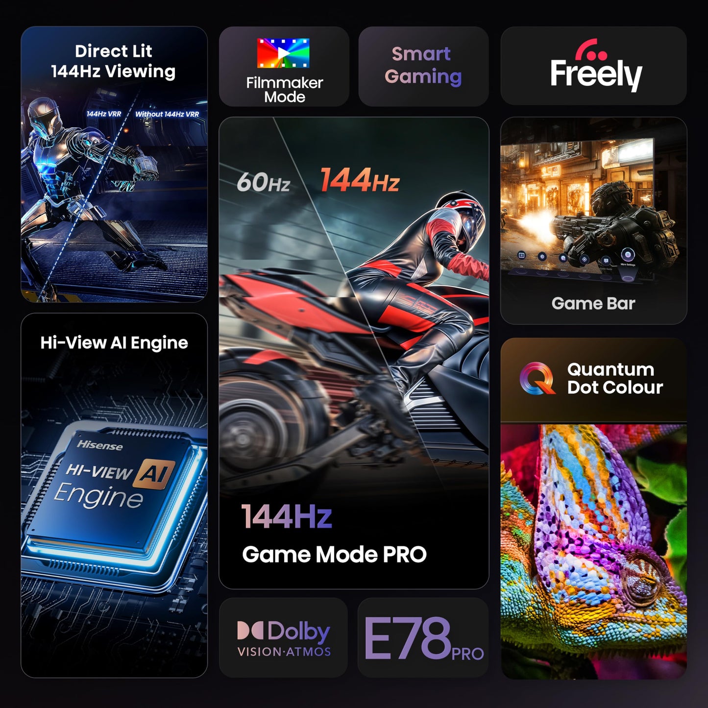 Hisense 65" 65E78QTUK PRO 144Hz QLED Smart AI TV - Hi-View AI Engine, 144Hz Game Mode PRO, Dolby Atmos, Quantum Dot Colour with Freely, Disney +, YouTube, Netflix