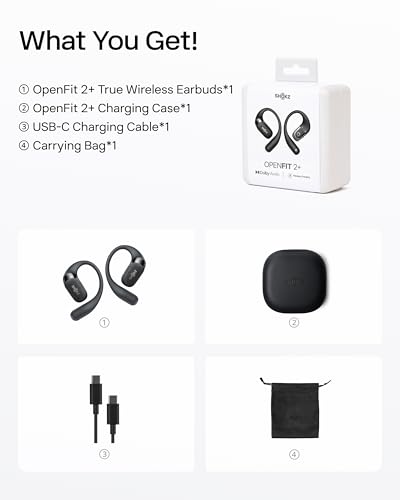 SHOKZ OpenFit 2+ Open-Ear Headphones,Wireless Bluetooth Headset, Dolby Audio Enabled, Comfortable Earbuds with Soft Hooks, 48H Playtime, IP55 Water-Resistant, USB-C & Wireless Fast Charging, Black