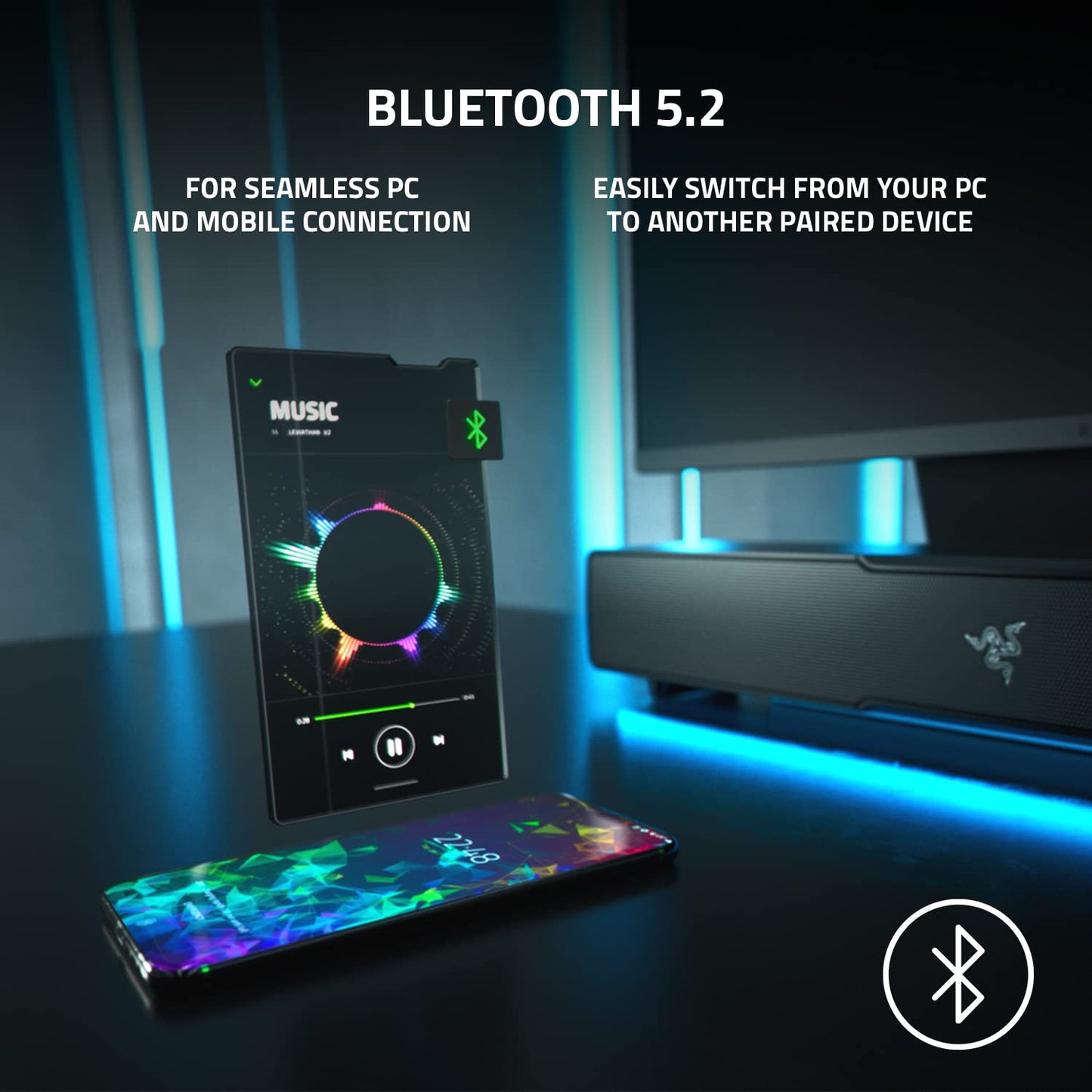 Razer Leviathan V2 - PC Gaming Soundbar with Subwoofer (Multi-driver PC Soundbar and Subwoofer, THX Spatial Audio, Bluetooth 5.2, RGB Chroma, Compact Form Factor) Black