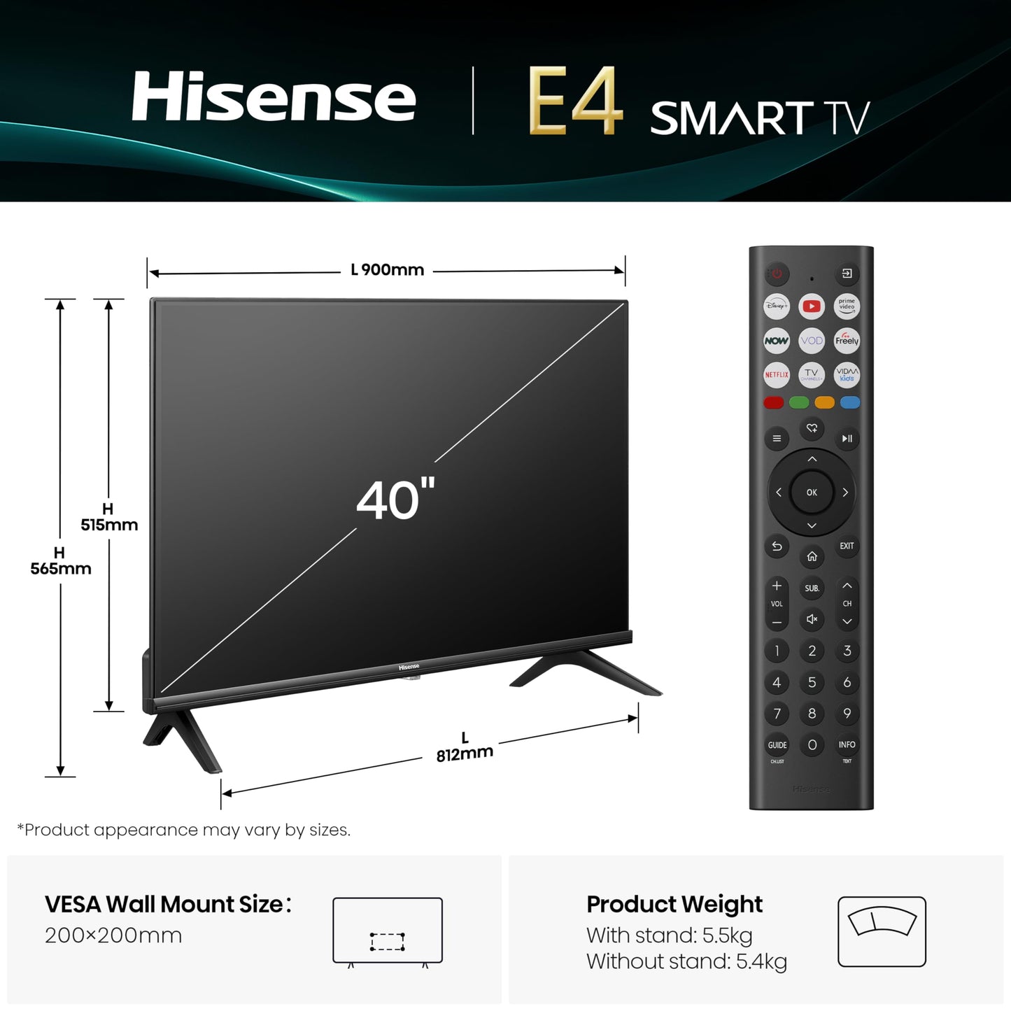 Hisense 40" 40E4QTUK FHD LED TV with Freely - Direct Lit LED, Dolby Audio, Natural Colour Enhancer, Games Mode, Sports Mode with Freely, Disney +, YouTube, Netflix