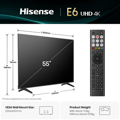 Hisense 55" 55E6QTUK 4K Ultra HD Smart TV AI TV - 4K UHD, Hi-View AI Engine, Precision Colour, AI Smooth Motion, Sports Mode with Freely, Disney +, YouTube, Netflix
