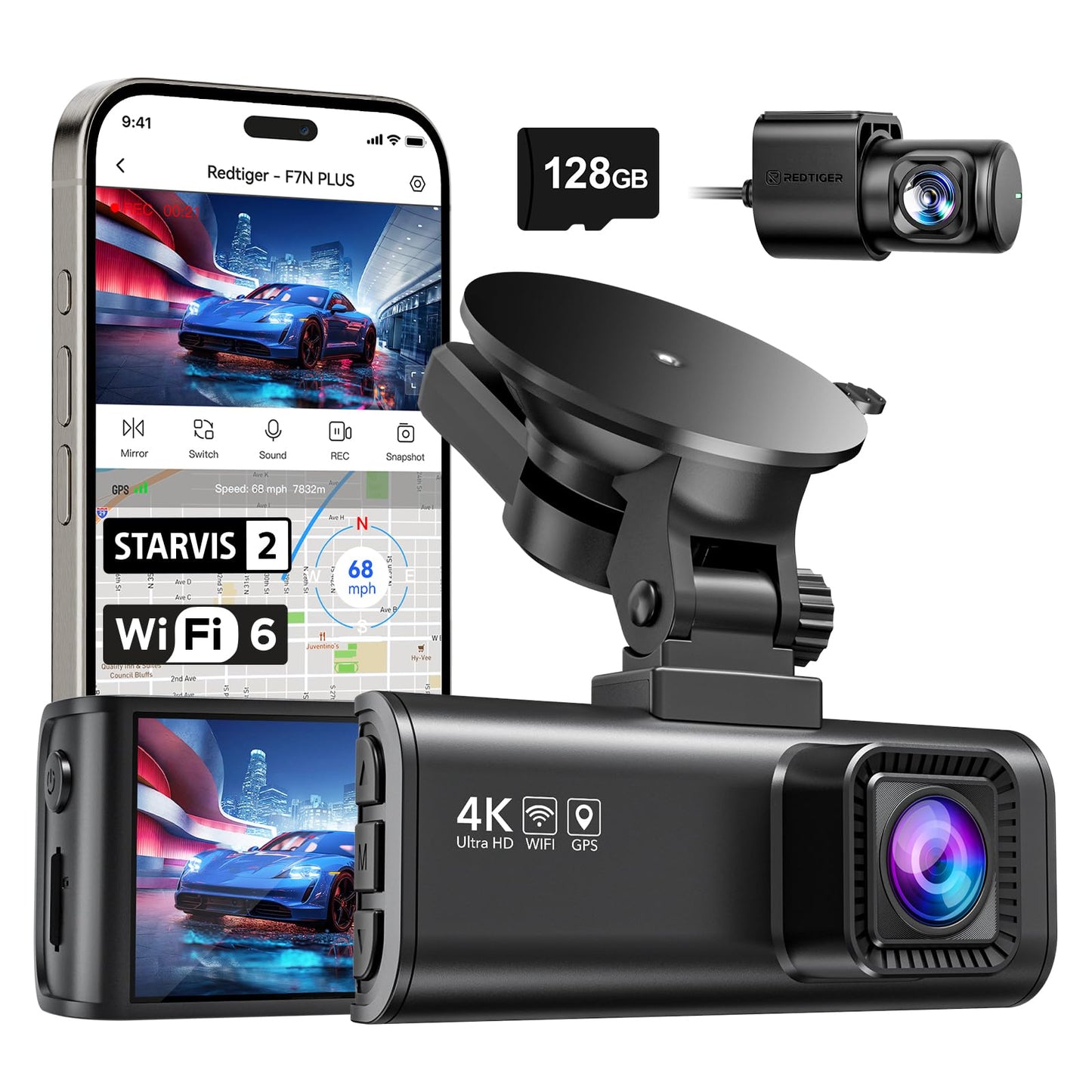 REDTIGER Dash Cam Front Rear, 4K/2.5K Full HD Dash Camera for Cars with STAVIS 2, Included 128GB Card, 5.8GHz Wi-Fi6 GPS, 3.18” Screen, Night Vision, 170°Wide Angle, WDR, 24H Parking Mode(F7NP)