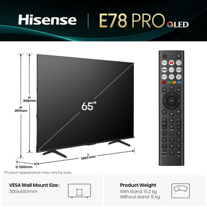Hisense 65" 65E78QTUK PRO 144Hz QLED Smart AI TV - Hi-View AI Engine, 144Hz Game Mode PRO, Dolby Atmos, Quantum Dot Colour with Freely, Disney +, YouTube, Netflix