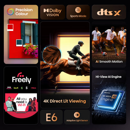 Hisense 55" 55E6QTUK 4K Ultra HD Smart TV AI TV - 4K UHD, Hi-View AI Engine, Precision Colour, AI Smooth Motion, Sports Mode with Freely, Disney +, YouTube, Netflix