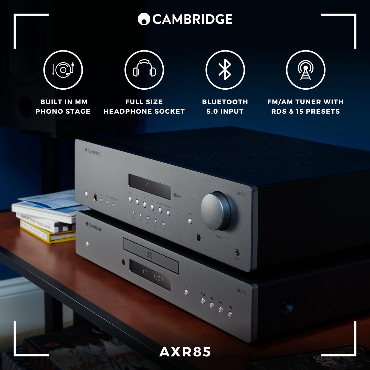 Cambridge Audio AXR85-85 Watt Separate HiFi Stereo Receiver Featuring Built-In Phono Stage FM/AM Radio and Bluetooth 5.0 - Lunar Grey