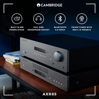 Cambridge Audio AXR85-85 Watt Separate HiFi Stereo Receiver Featuring Built-In Phono Stage FM/AM Radio and Bluetooth 5.0 - Lunar Grey