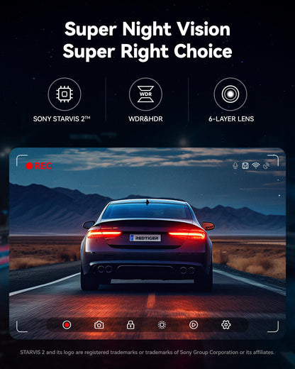 REDTIGER Dash Cam Front Rear, 4K/2.5K Full HD Dash Camera for Cars with STAVIS 2, Included 128GB Card, 5.8GHz Wi-Fi6 GPS, 3.18” Screen, Night Vision, 170°Wide Angle, WDR, 24H Parking Mode(F7NP)